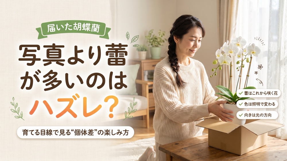 届いた胡蝶蘭の蕾を確かめる女性